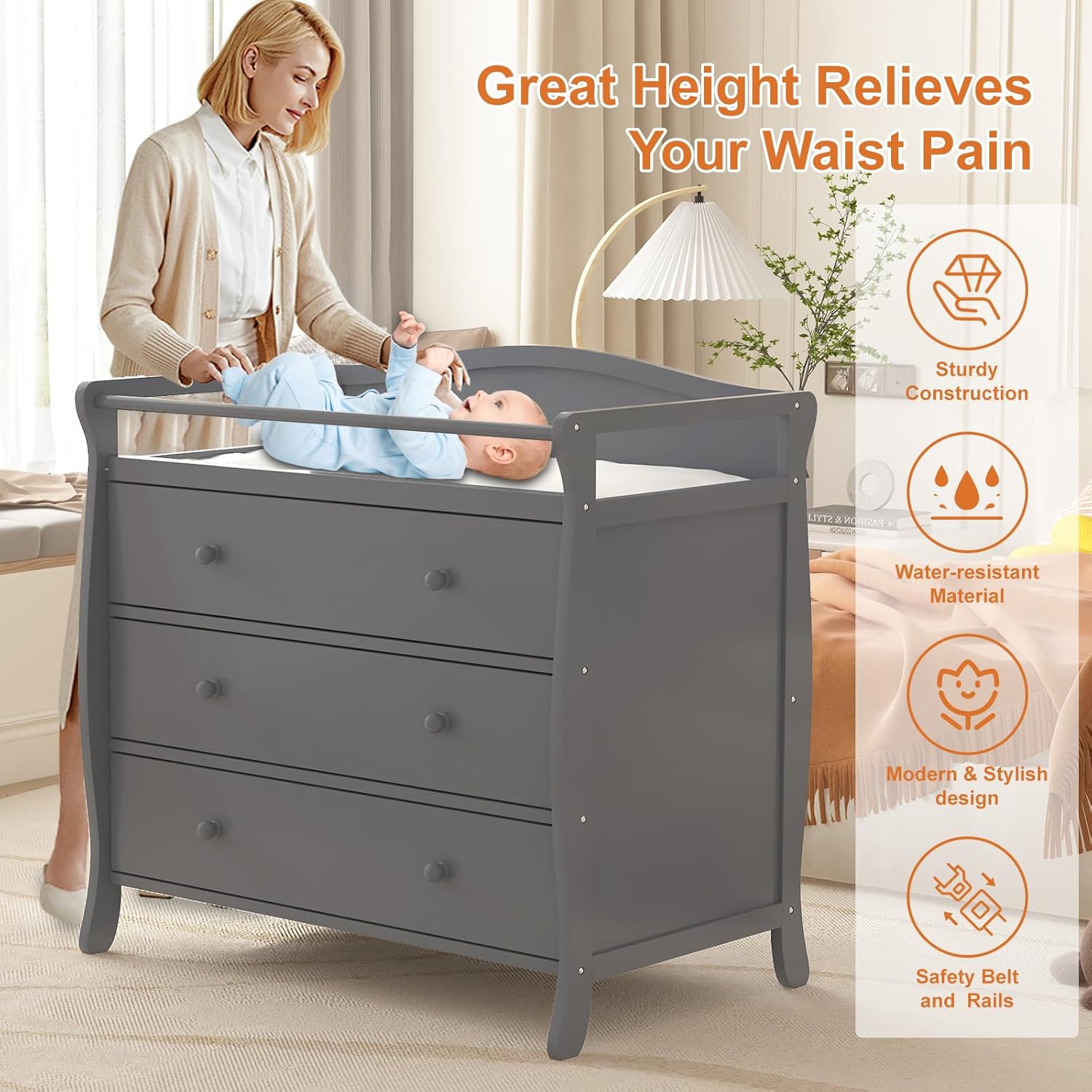 Baby Nursery Unisex - 3 Drawers Baby Changing Table Wooden