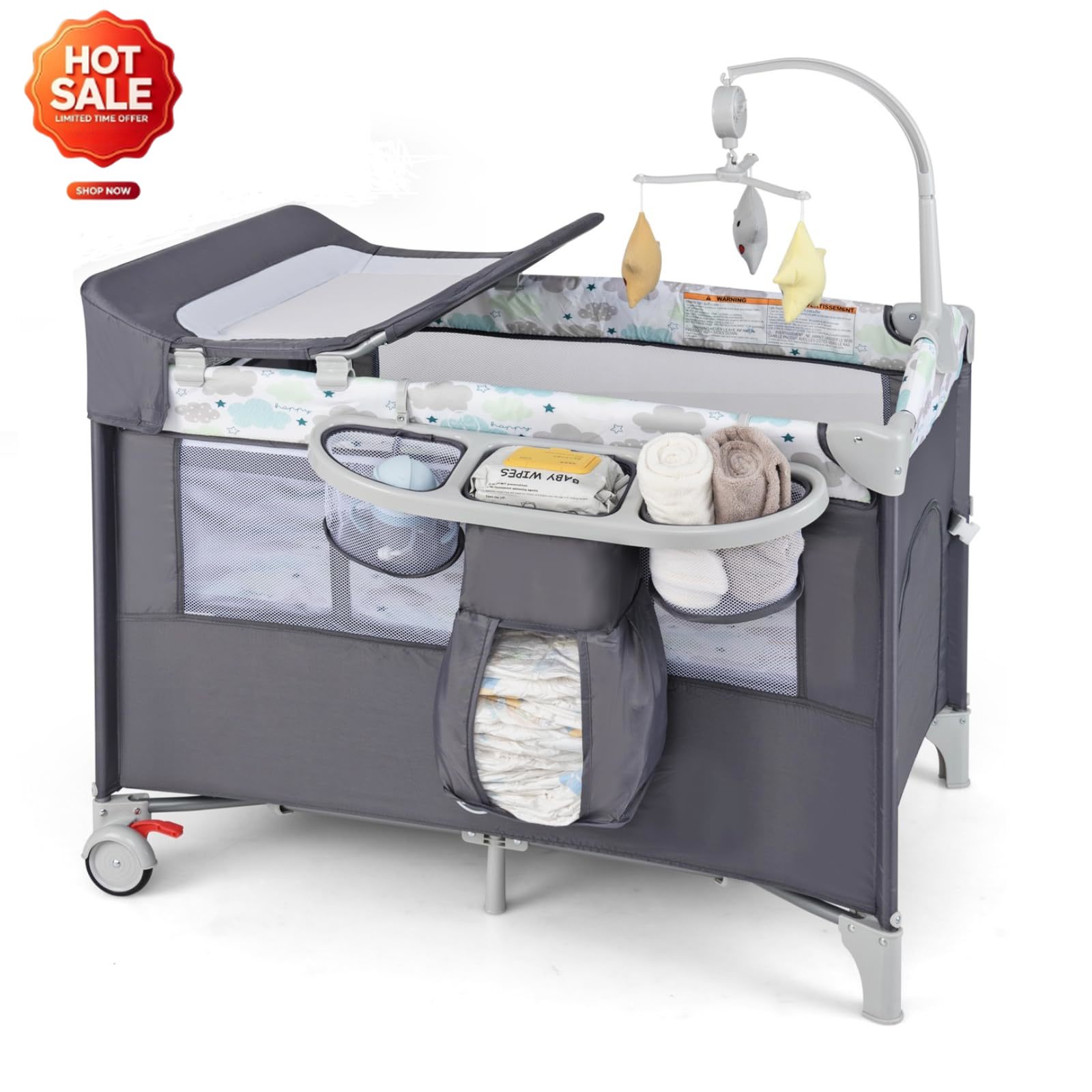 Bassinet Bedside Sleeper - 5-in-1 Pack and Play, Portable Bedside