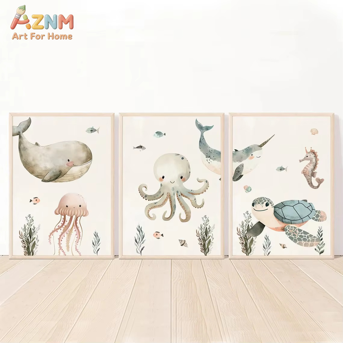 AZNM Watercolor Cute Ocean Ani - Baby Nursery Prints 评论和价格