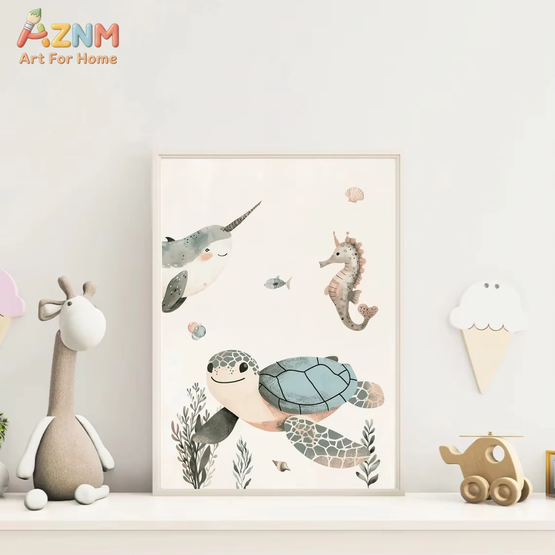 AZNM Watercolor Cute Ocean Ani - Baby Nursery Prints 评论和价格