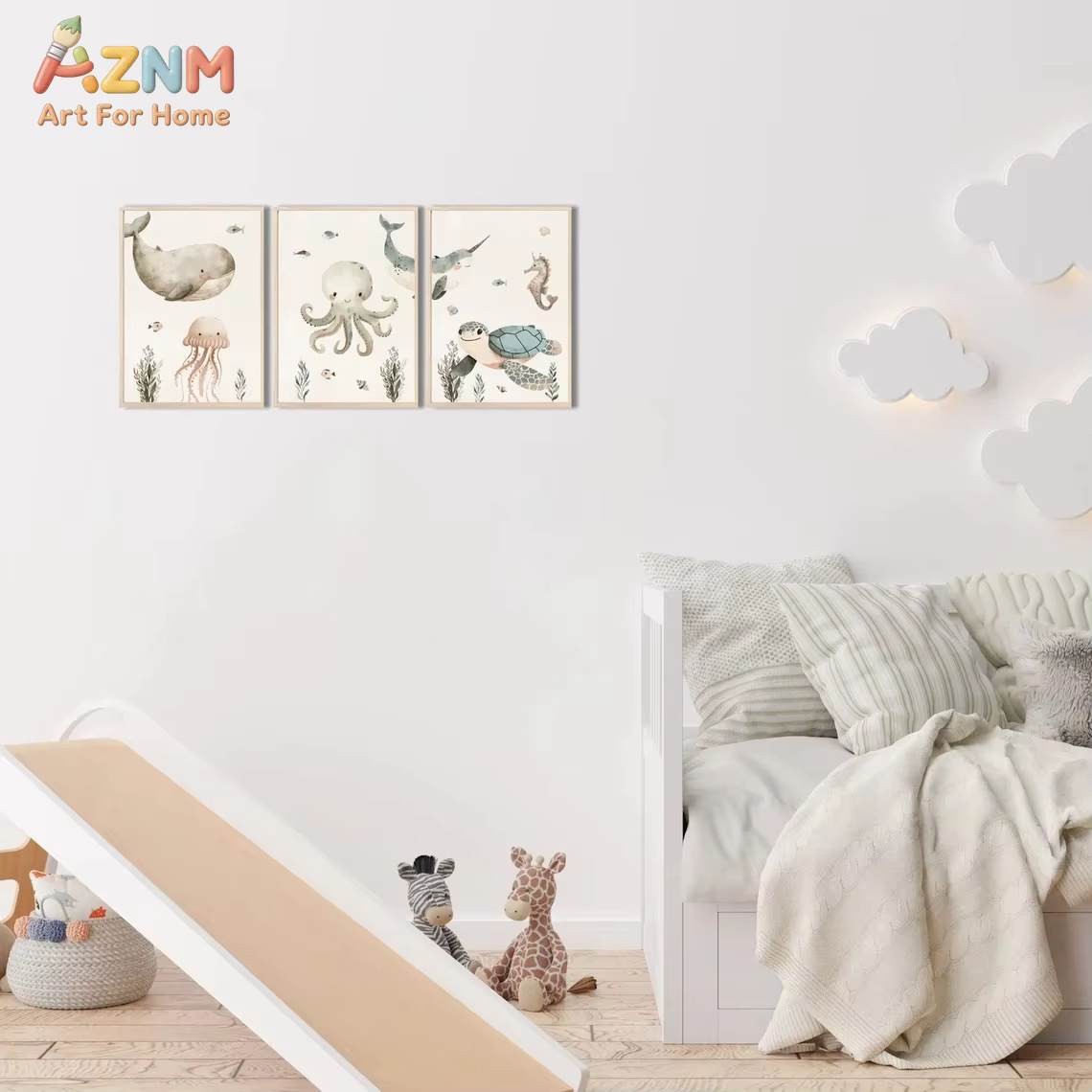 AZNM Watercolor Cute Ocean Ani - Baby Nursery Prints 评论和价格