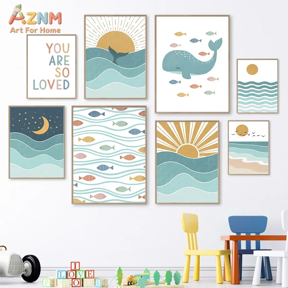 AZNM Boho Ocean Canvas Wall Ar - Baby Nursery Prints 评论和价格