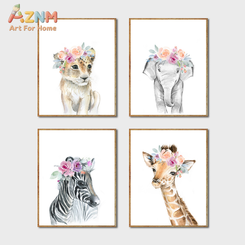Animals Floral Crown Art Decor - Baby Nursery Prints 评论和价格