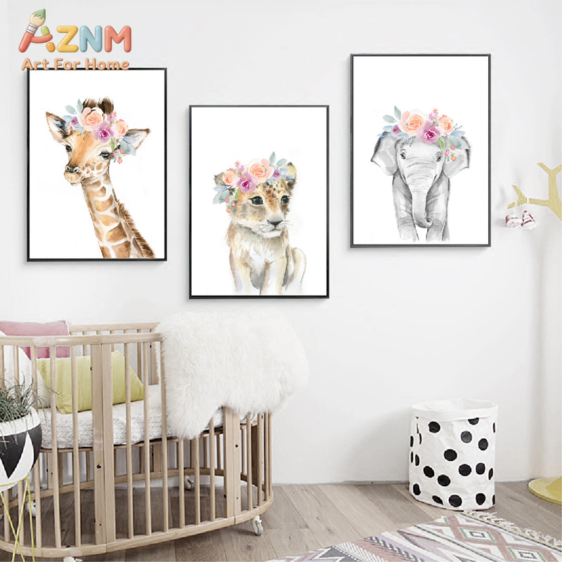 Animals Floral Crown Art Decor - Baby Nursery Prints 评论和价格