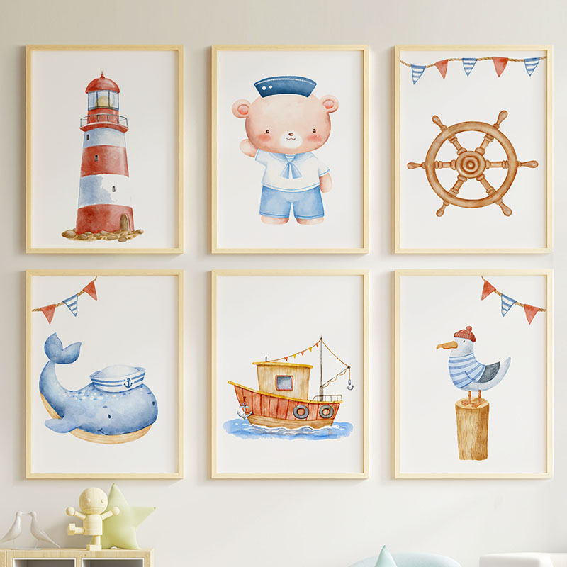 Bear Whale Sailboat Lighthouse - Baby Nursery Prints 评论和价格