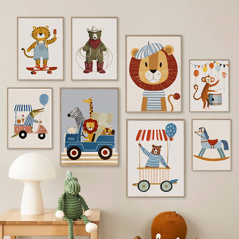 Funny Cartoon Animal Car Ballo - Baby Nursery Prints 评论和价格